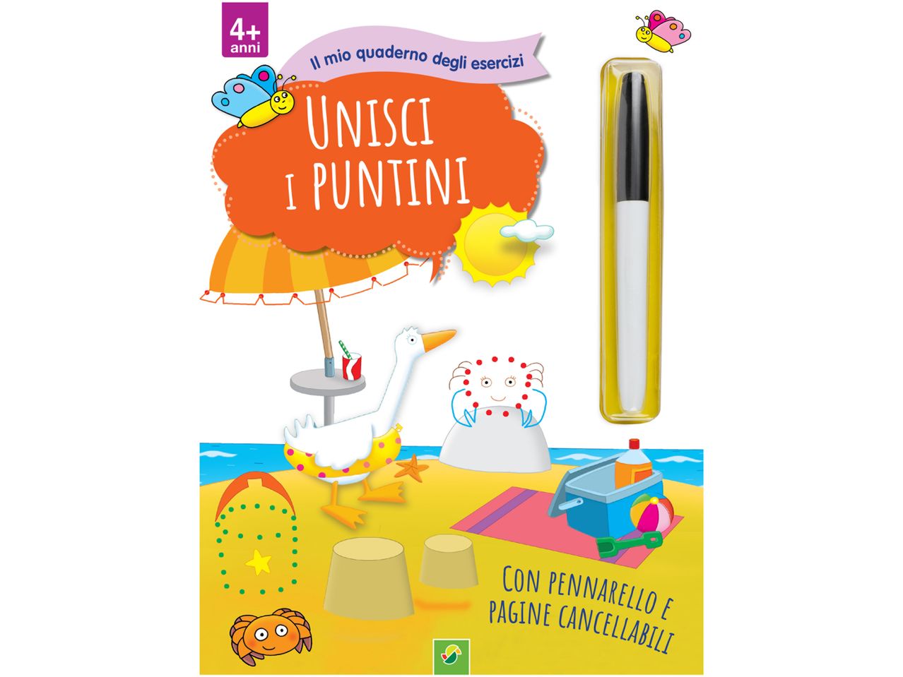 Quaderno attività per bambini di 4 anni +: Unisci i puntini con pennarello cancellabile a tema spiaggia.