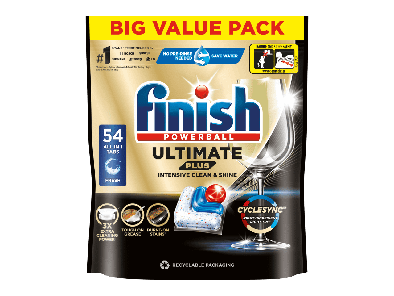 Finish Powerball Ultimate Plus -astianpesuainepakkaus, jossa on 54 tablettia ja mainoksia sen puhdistustehosta.
