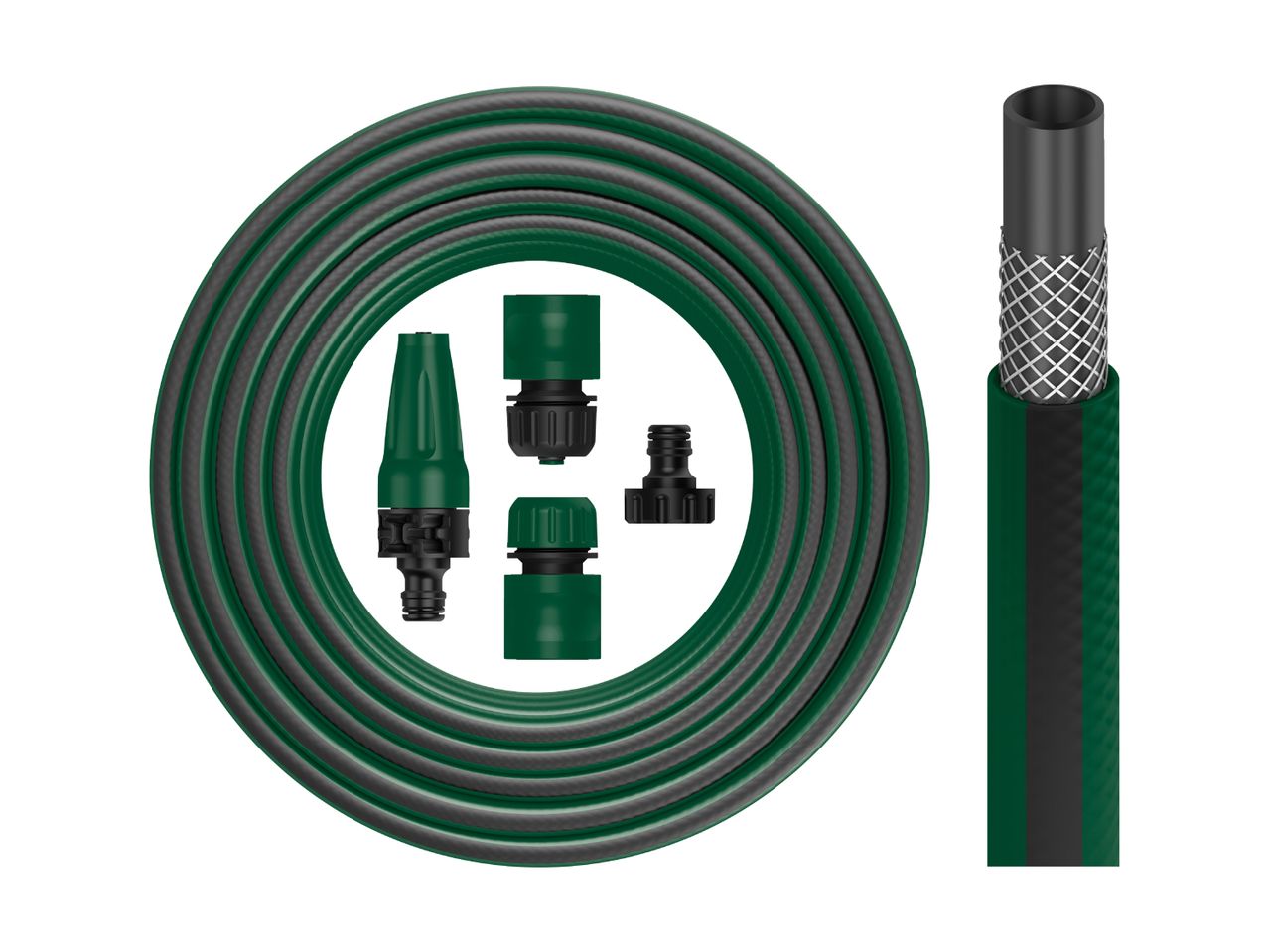 Garden hose with fittings and a cross-section view showing its layers.