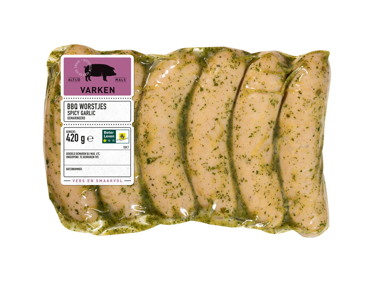Beter Leven BBQ varkensworstjes in pittige knoflook marinade.