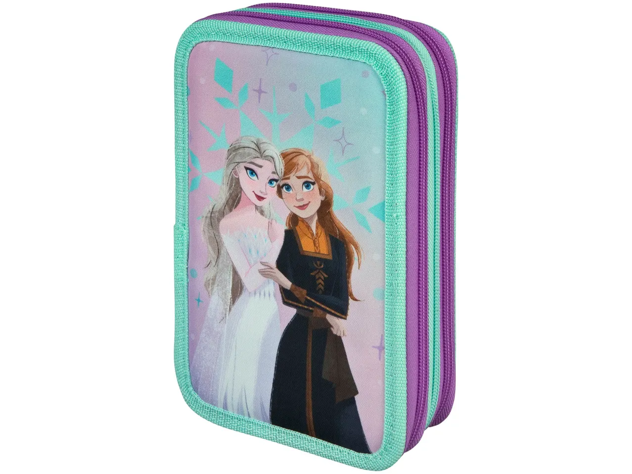 Frozen-themed pencil case featuring Elsa and Anna, with purple and teal accents.