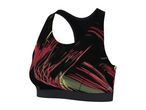 Black sports bra with red and yellow abstract brushstroke pattern