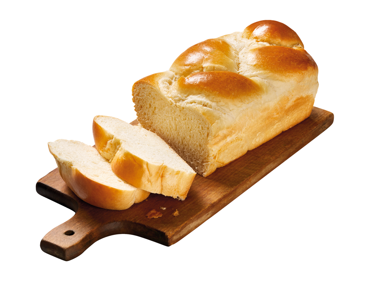 Gevlochten brood en sneden op een houten plank.