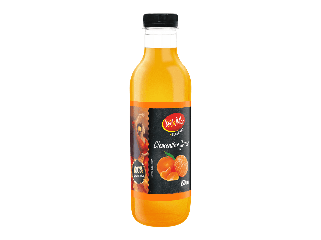 Klementiinimehua sisältävä pullo, jossa on 100 % puristettua mehua ja 750 ml tilavuus.
