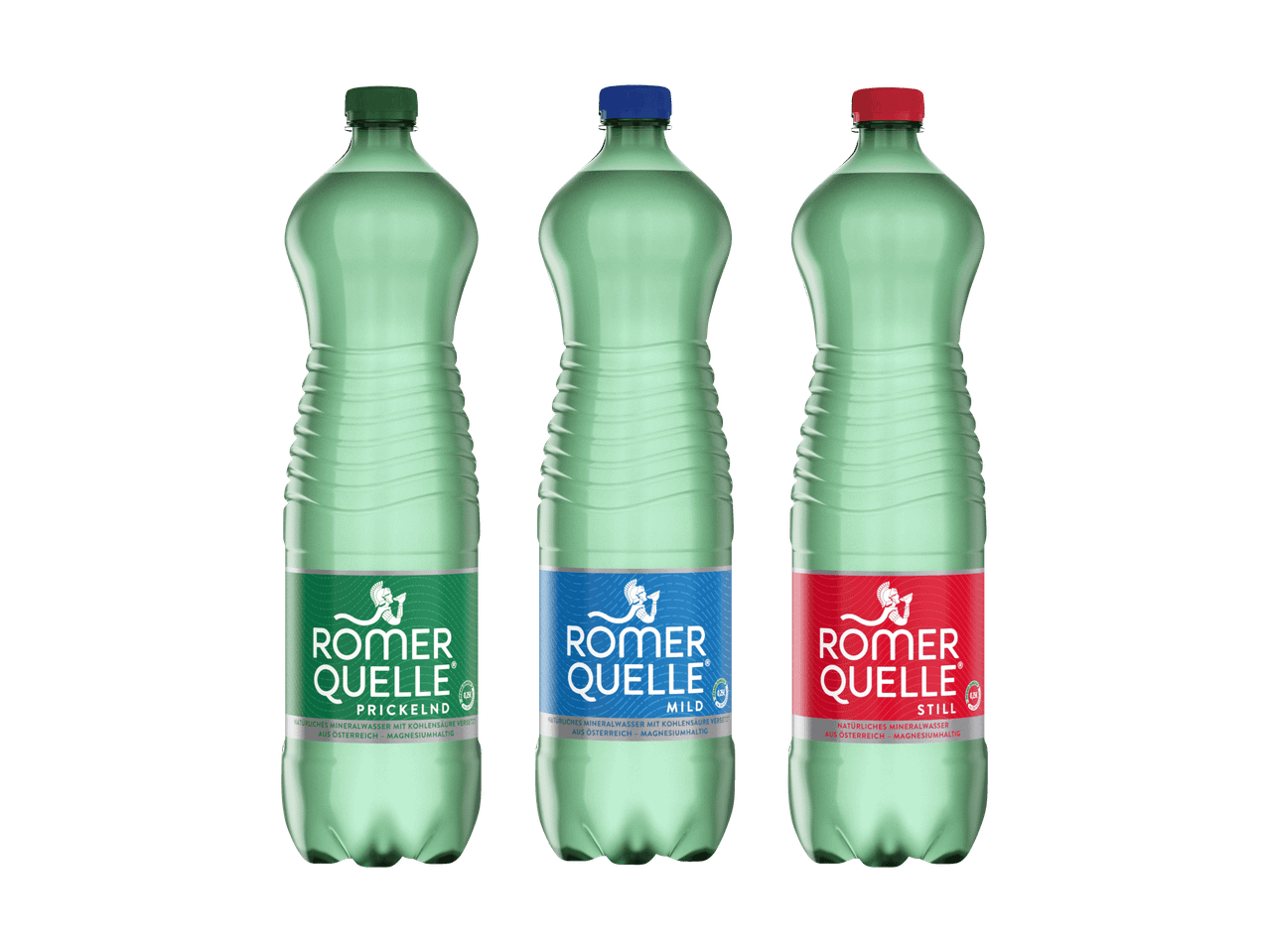 Drei Flaschen Rother Quelle Mineralwasser in grün, blau und rot.