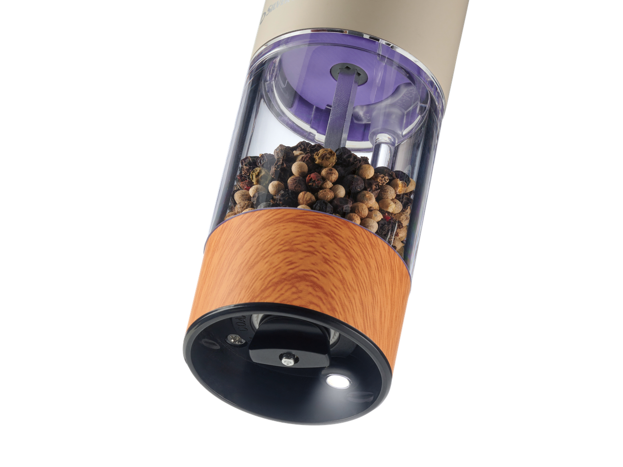 Râșniță electrică de piper SILVERCREST cu boabe de piper, aspect lemn.
