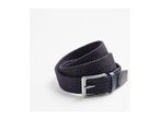 A dark blue braided belt with a silver buckle, coiled on a white surface.