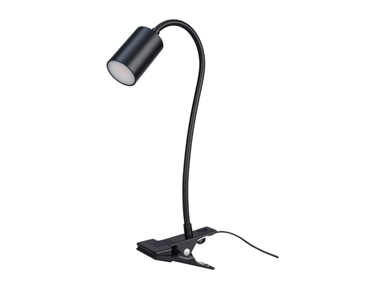 Black clip-on desk lamp with a flexible gooseneck and cylindrical head.