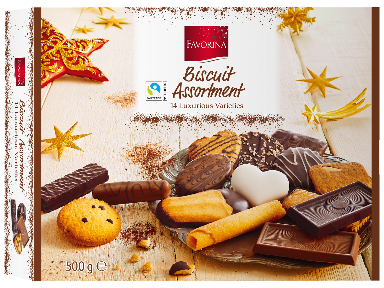 Favorina Assortment karp 14 sorti luksuslike küpsiste ja jõulukaunistustega.
