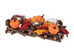 Herbstliche Dekoration mit Kürbissen, Beeren, Blättern und Kerzenhaltern auf Holzständer.