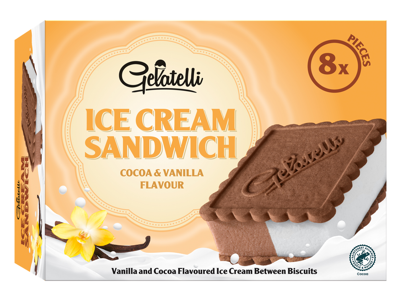 Sandwichs glacés Gelatelli : vanille & cacao, 8 pièces.