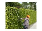Man trimming a tall hedge with a long-reach hedge trimmer, wearing safety gear.