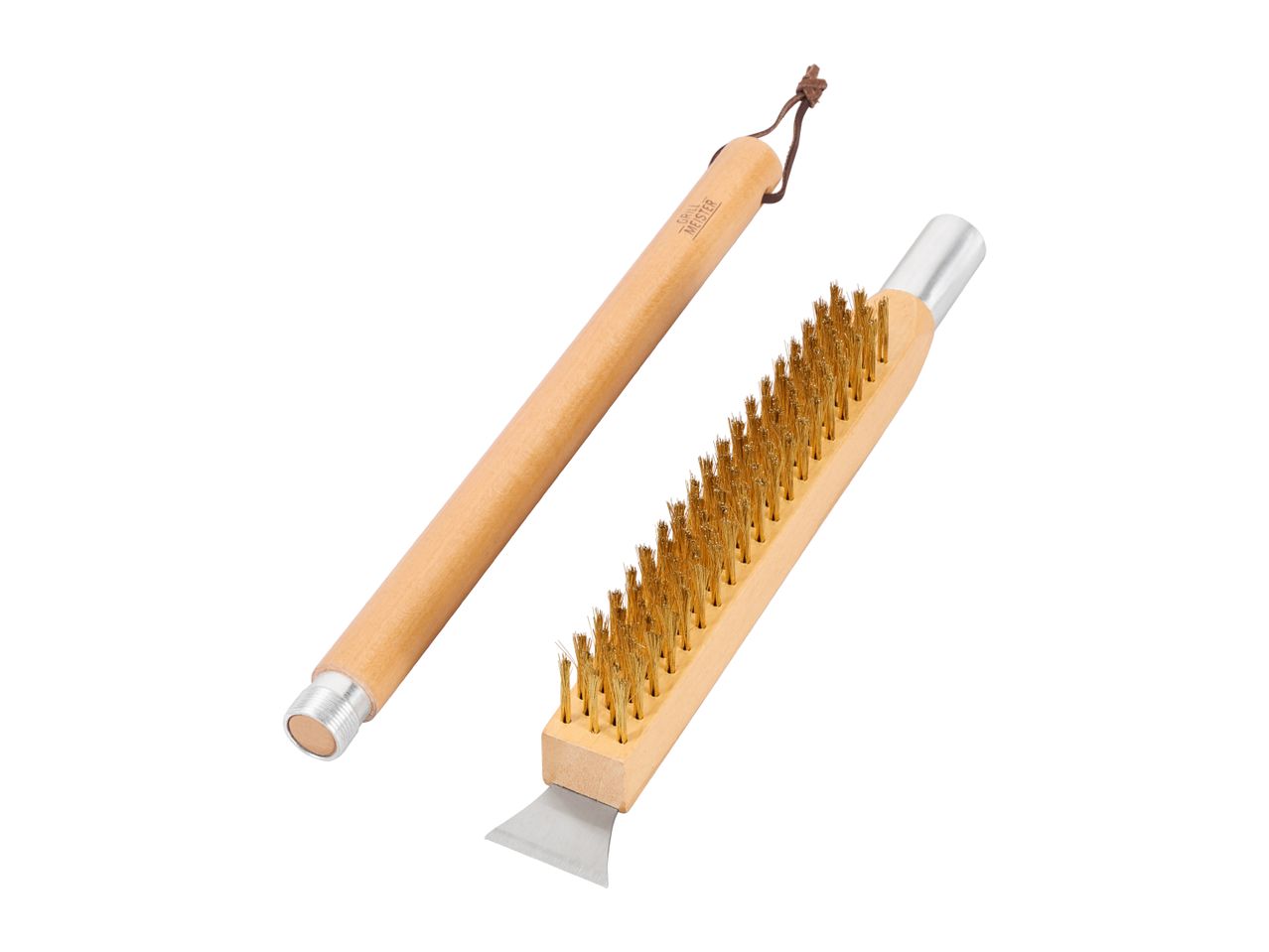 Grill cleaning brush with brass bristles and scraper, and a long wooden handle.