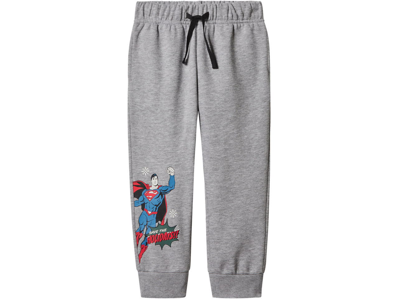 Pilkos sportinės kelnės su Supermeno atvaizdu ir užrašu 'SAVE THE HOLIDAYS!!'