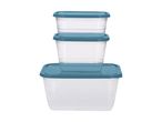 Three clear rectangular food storage containers with blue lids, stacked from largest to smallest.