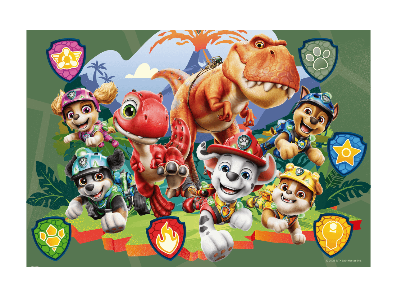 Paw Patrol-hvalpe og dinosaurer i en jungle-scene med farverige skjolde.