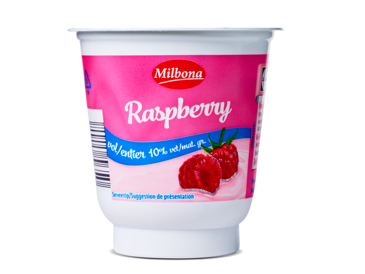 Milbona frambozenyoghurt in een bekertje.