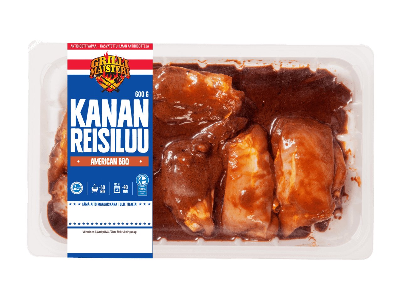 Kanan Reisiluun marinoituja kananreisiä pakkauksessa.
