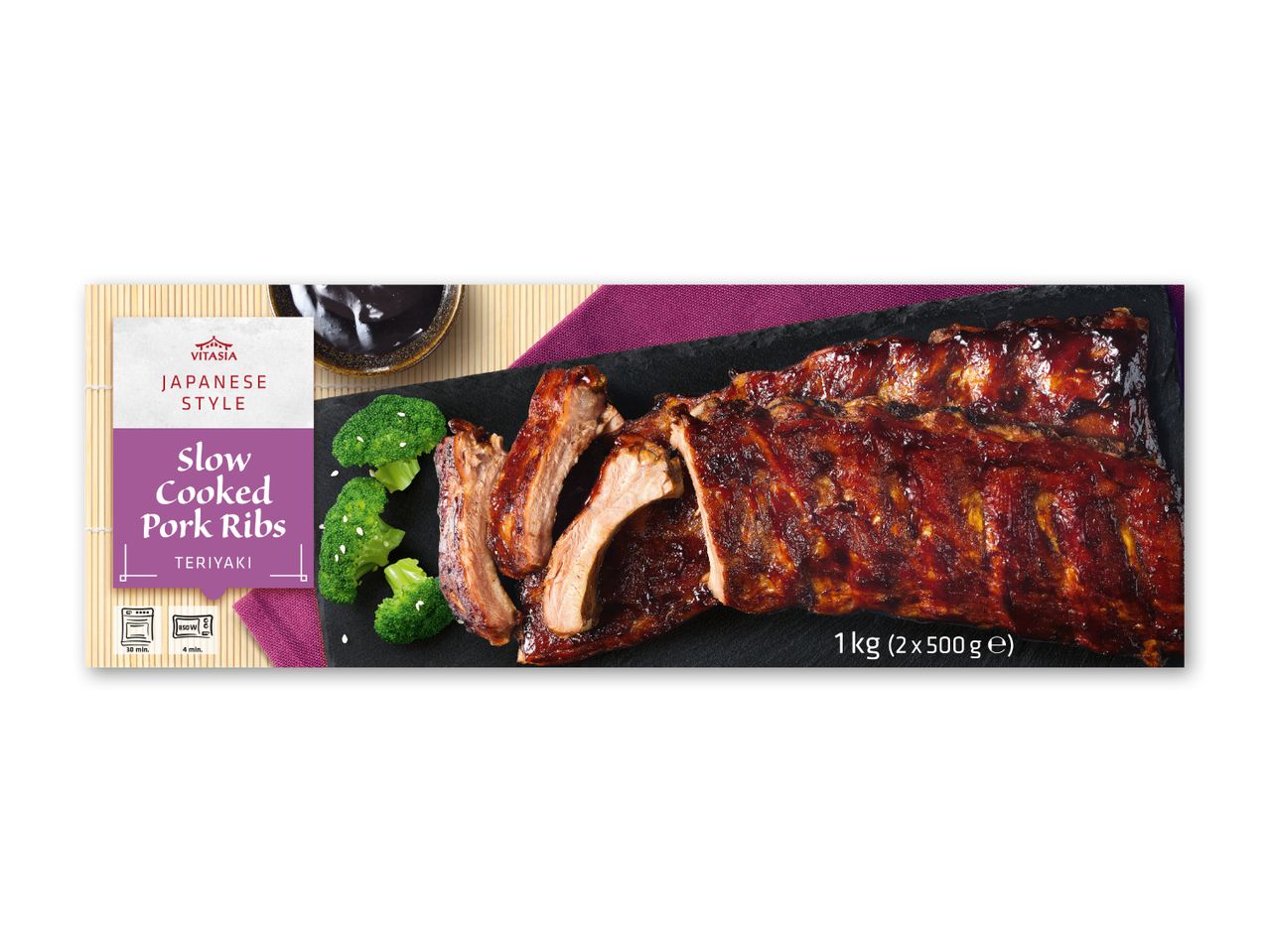 Langtidsstegte teriyaki-svineribben i japansk stil med broccoli og sesamfrø, 1 kg (2 x 500 g).