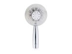 A chrome and clear plastic shower head with internal LED lights, isolated on a white background.
