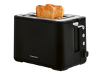 Black toaster with two slices of golden-brown toast popping out, on a black background.