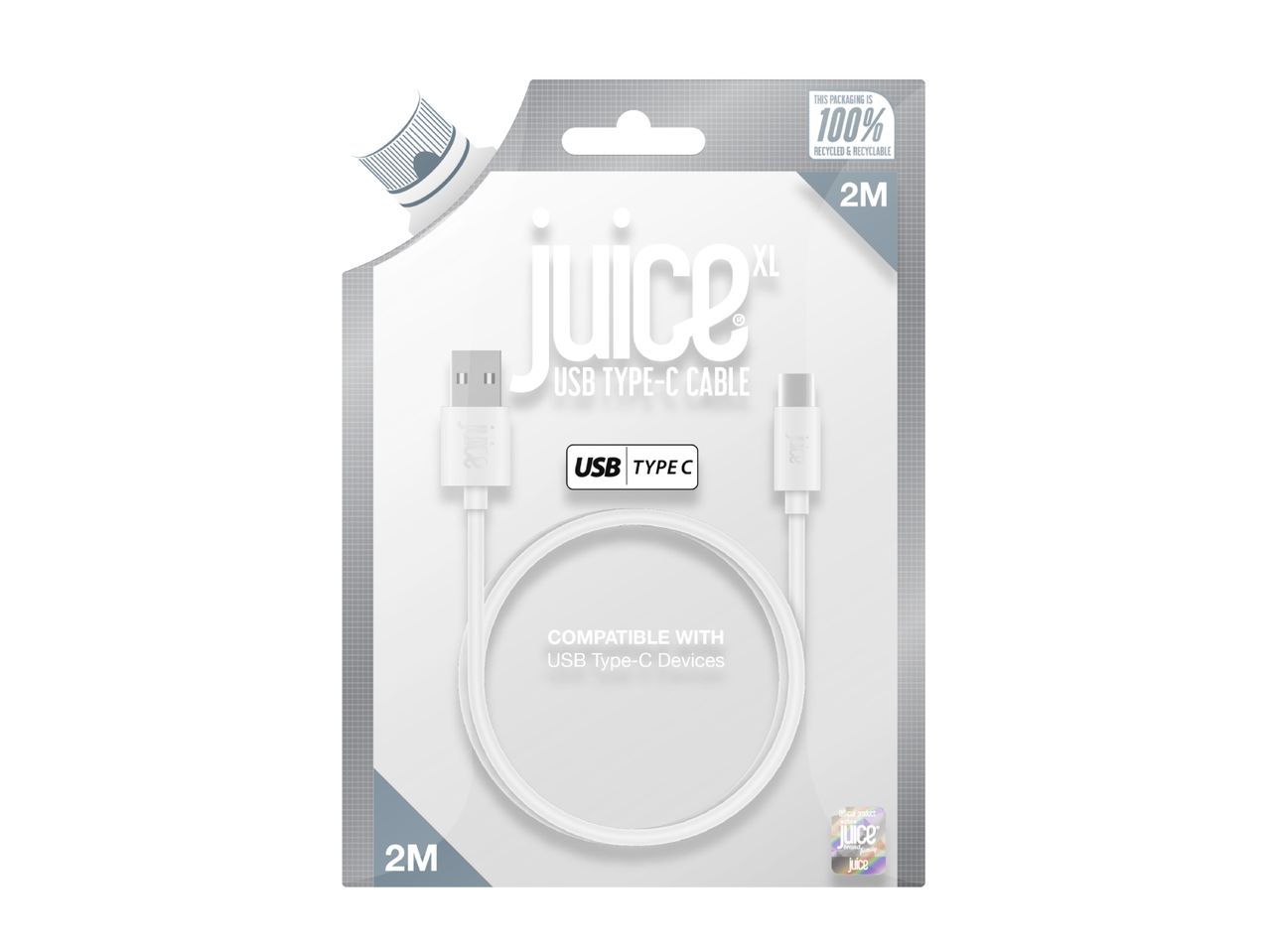Juice XL 2M USB Type-C cable in 100% recycled and recyclable packaging.
