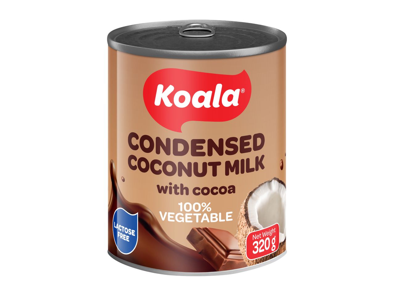 Can of condensed coconut milk with cocoa, labeled 100% vegetable and lactose-free, 320g.