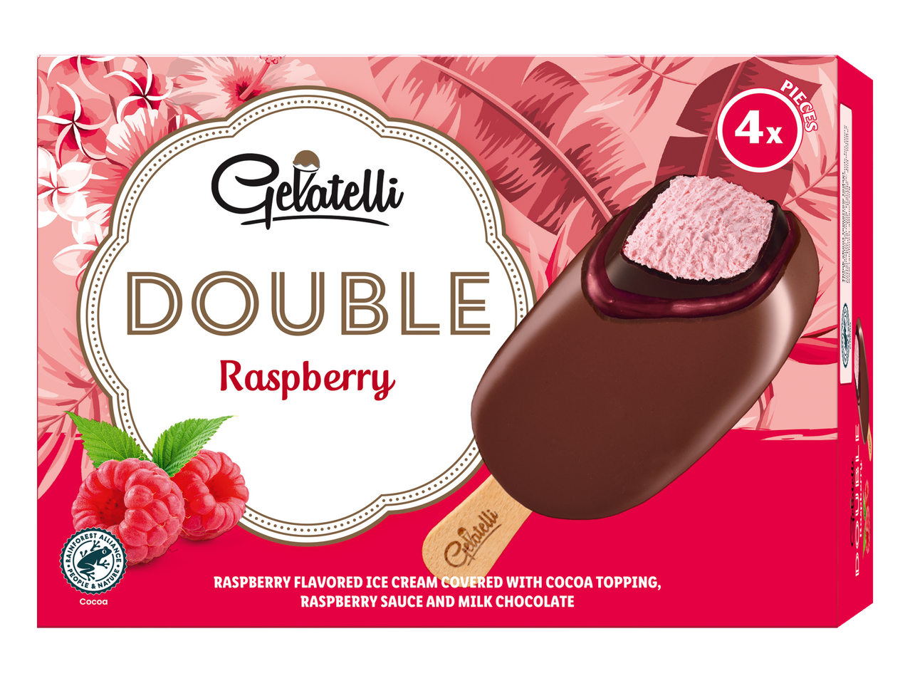 Gelatelli Double Raspberry: înghețată cu aromă de zmeură, glazură de cacao și ciocolată cu lapte.