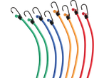 Set van kleurrijke elastische koorden met haken in groen, blauw, oranje en rood.