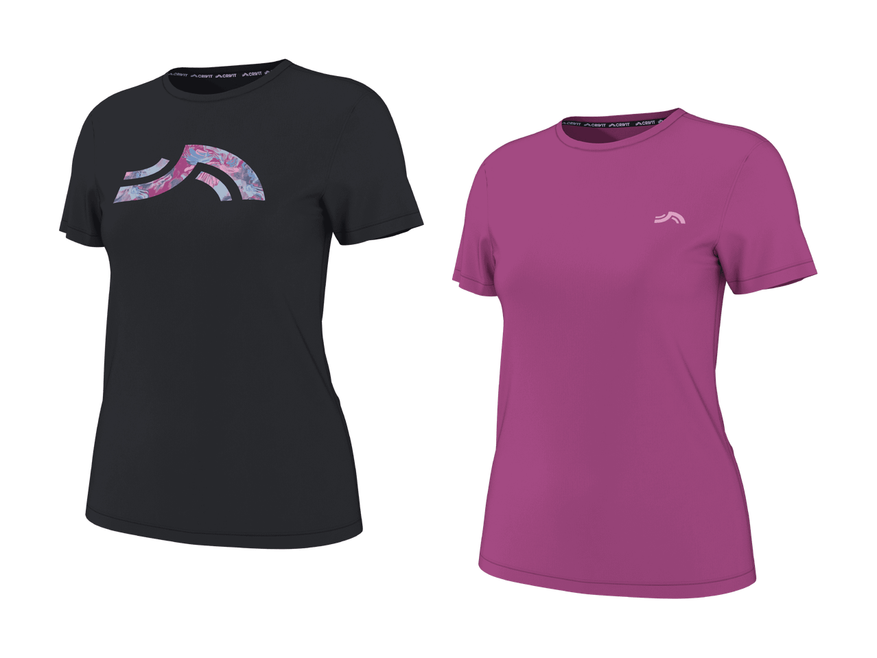 Deux t-shirts de sport pour femmes, un noir avec un imprimé abstrait et un magenta.