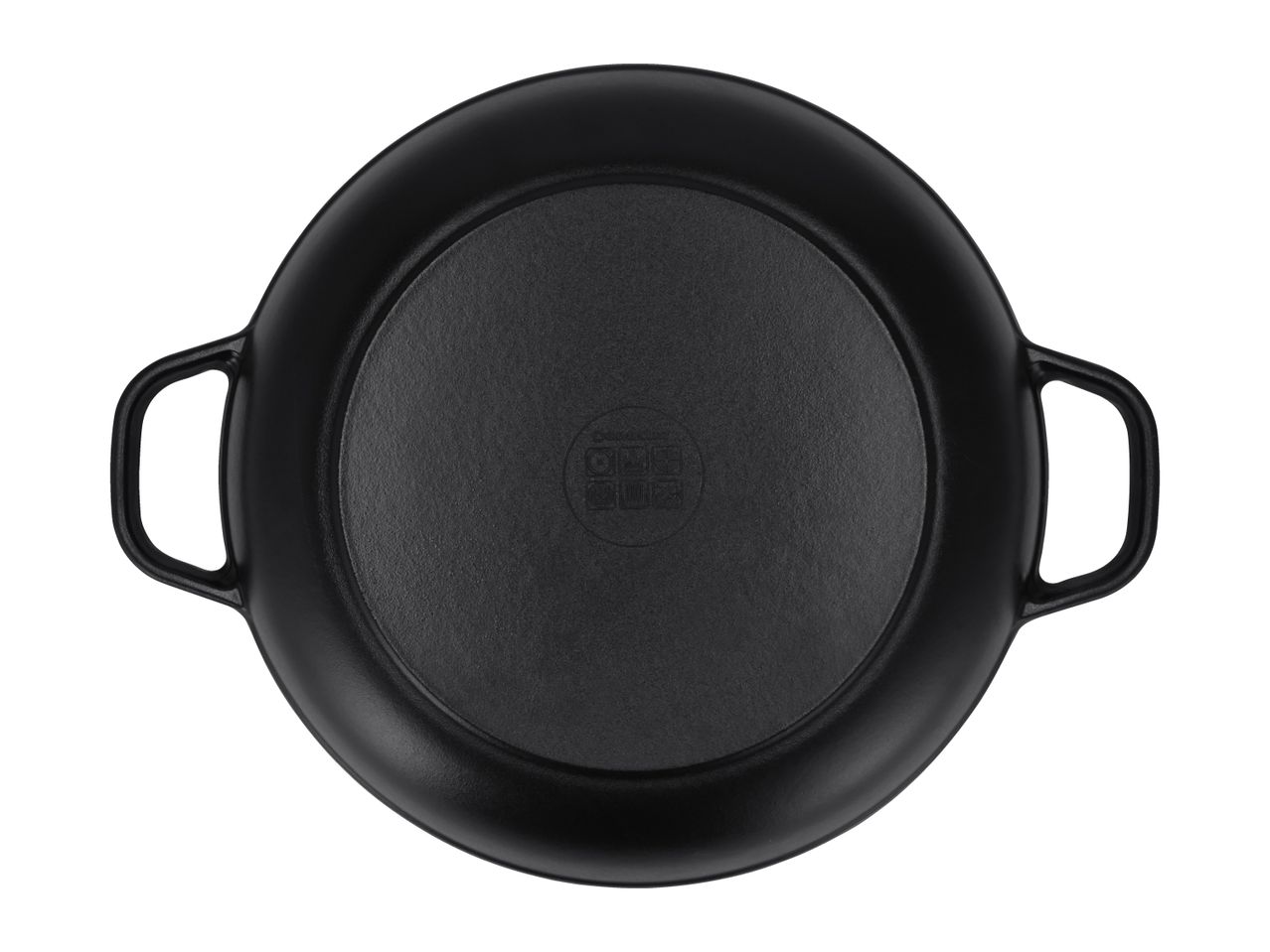 Black cast iron pan with two handles, bottom view, on a white background.