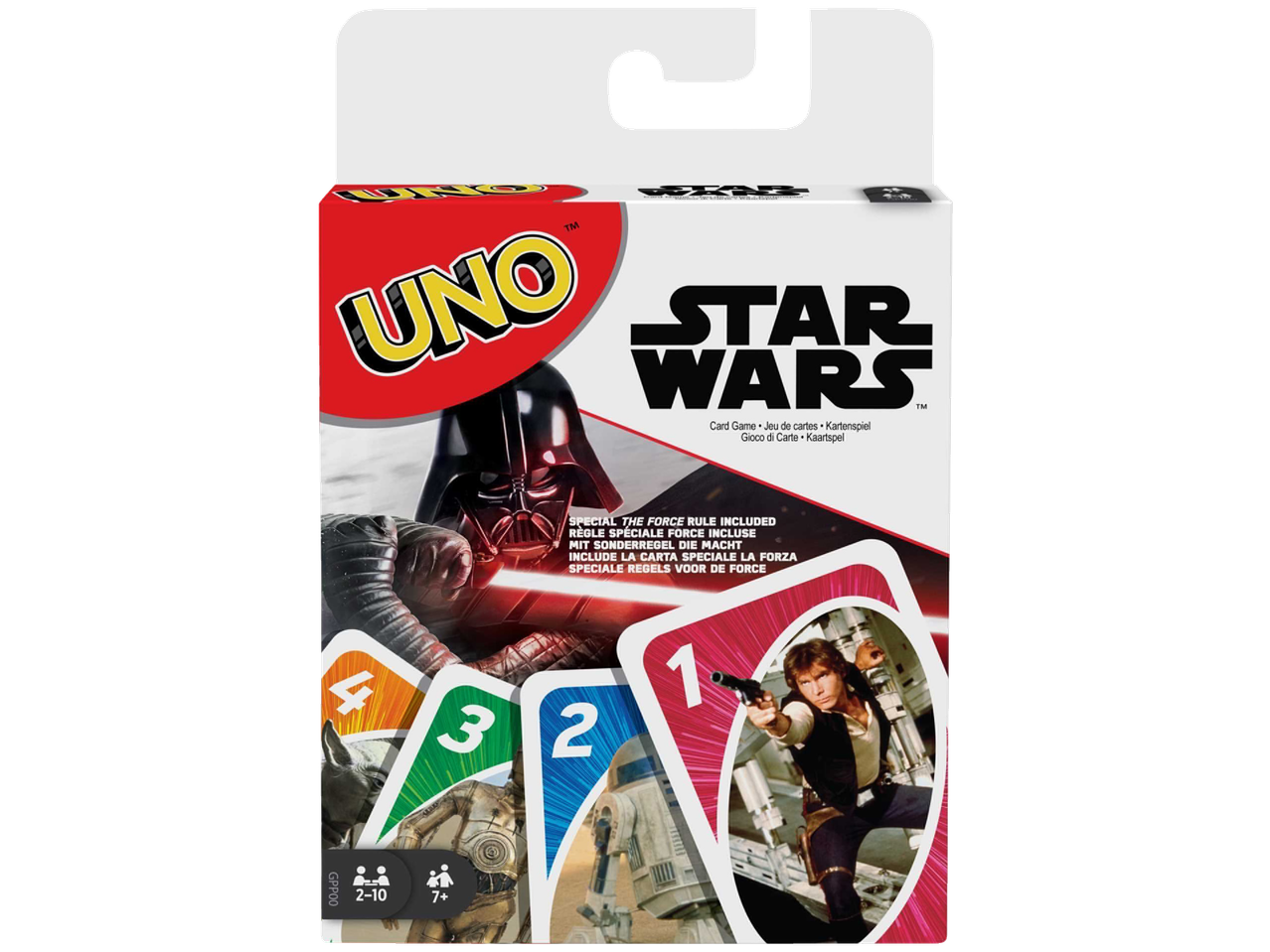 UNO Star Wars Card Game featuring Darth Vader, Han Solo, R2-D2, C-3PO, and Yoda.