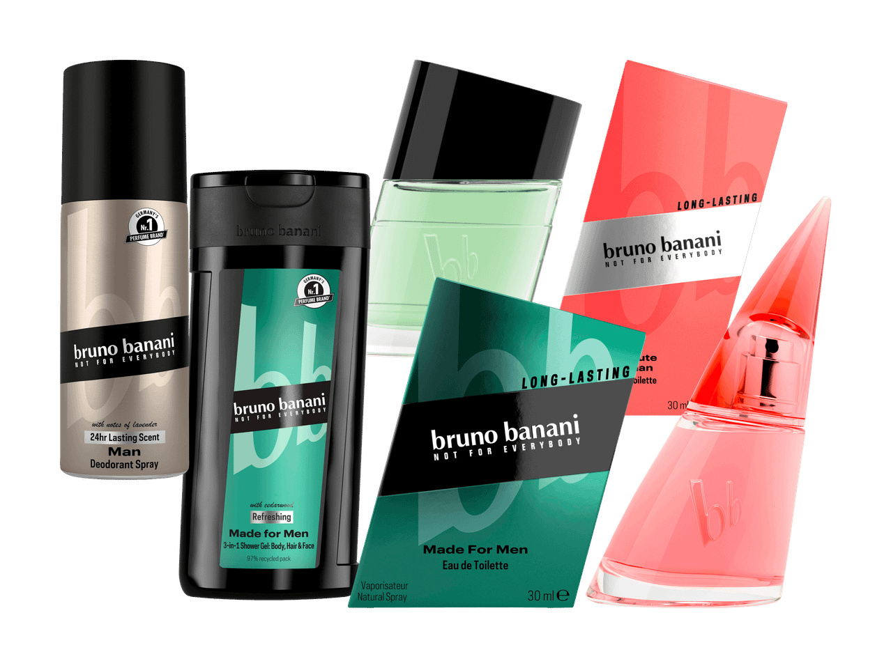Bruno Banani präsentiert neue Männerpflegeprodukte: Deo-Spray, Duschgel und Eau de Toilette.