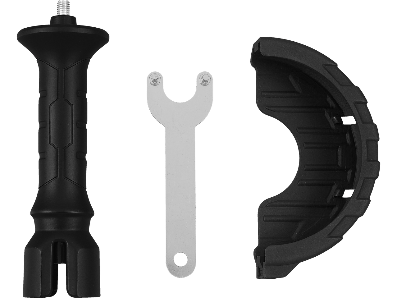 Handle, wrench, and guard for angle grinder.