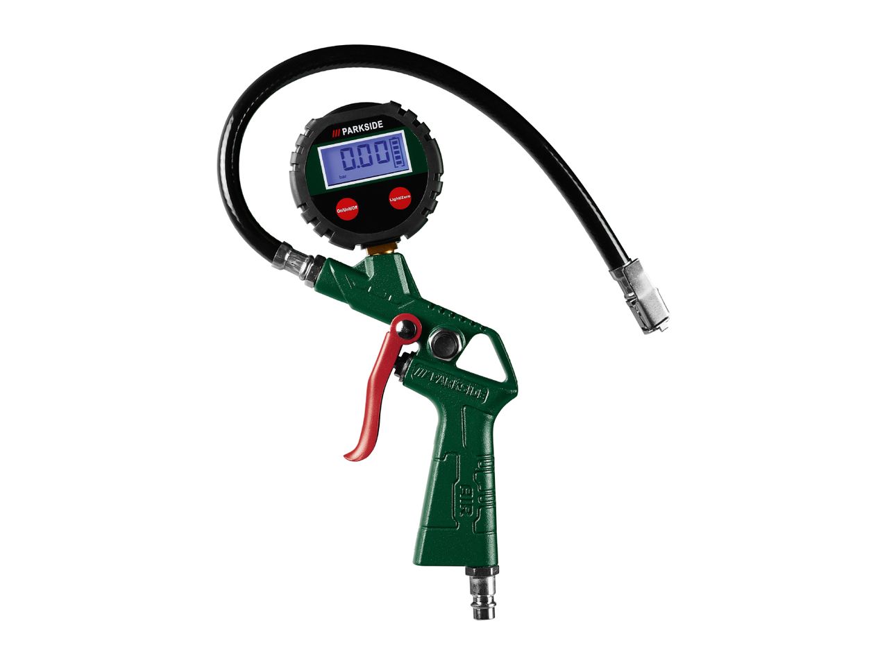 Parkside digital tire pressure gauge with hose and trigger handle
