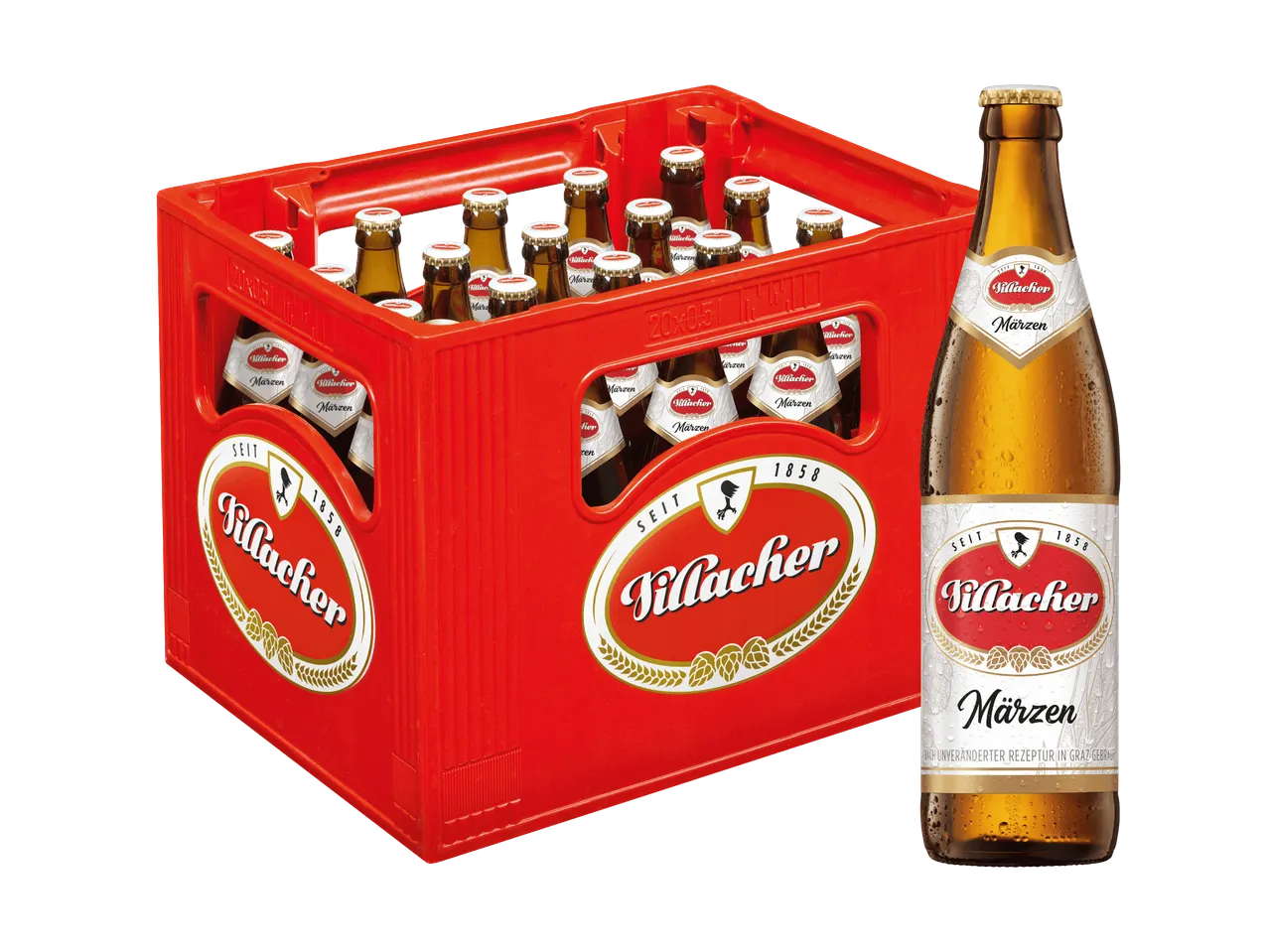 Eine Kiste Villacher Märzen Bier mit einer einzelnen Flasche im Vordergrund.