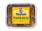 En bakke med fransk postej med en gul etiket, der viser en kok og teksten 'Fransk postej'.