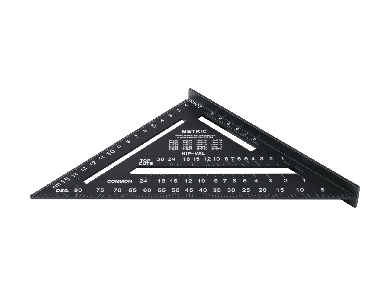 Parkside® Measuring Assortment: A black metric speed square with common rafter conversion tables.