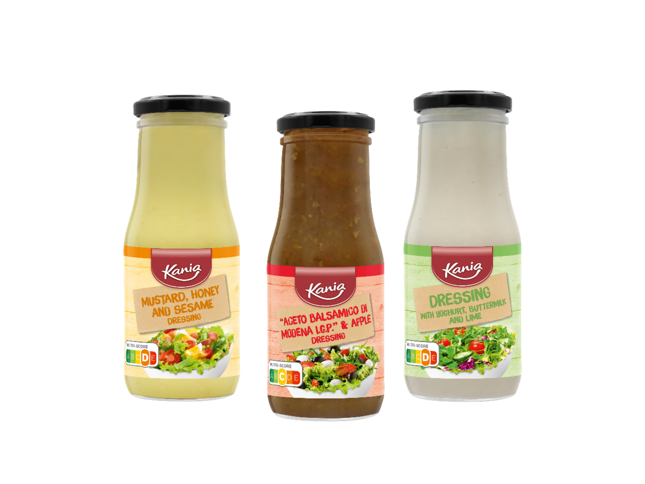 Tri boce preliva za salatu: senf, med i susam; balzamiko sirće i jabuka; jogurt, mlaćenica i limeta.