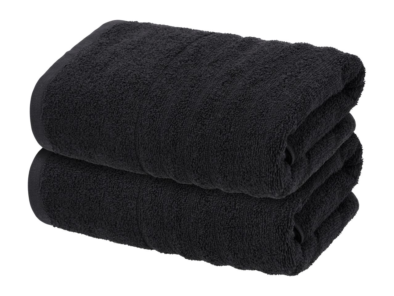 Two folded black towels stacked on top of each other.