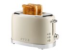 Cream-colored toaster with two slices of golden-brown toast, featuring '1973' embossed on the side.