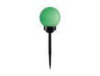 Grøn kugleformet solcellelampe til haven med spids til at stikke i jorden.