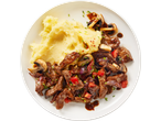 Irish Beef Stir Fry with mashed potatoes, mushrooms, red onions, and tomatoes.