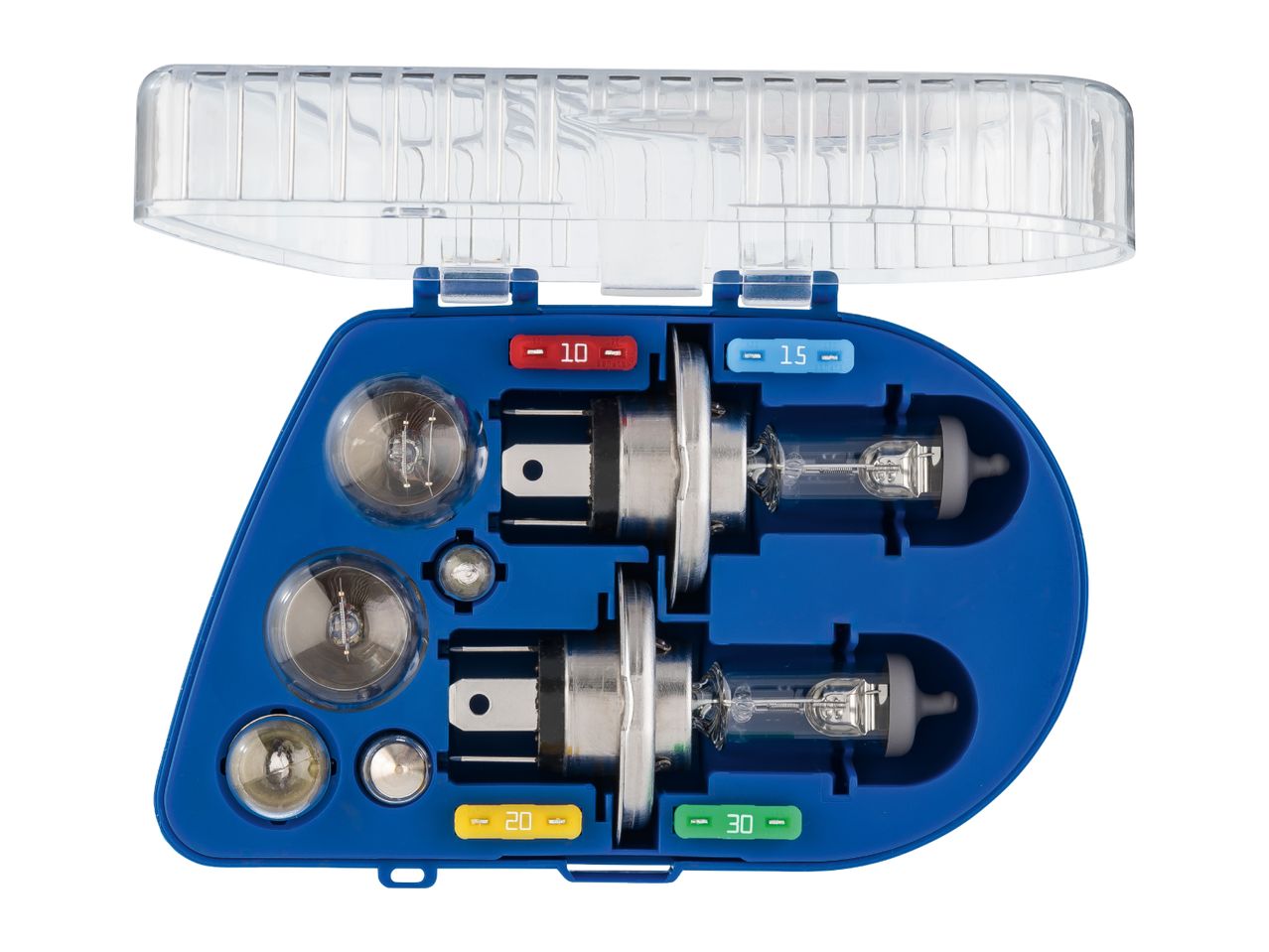 Car bulb and fuse set in a blue plastic case with a clear lid.