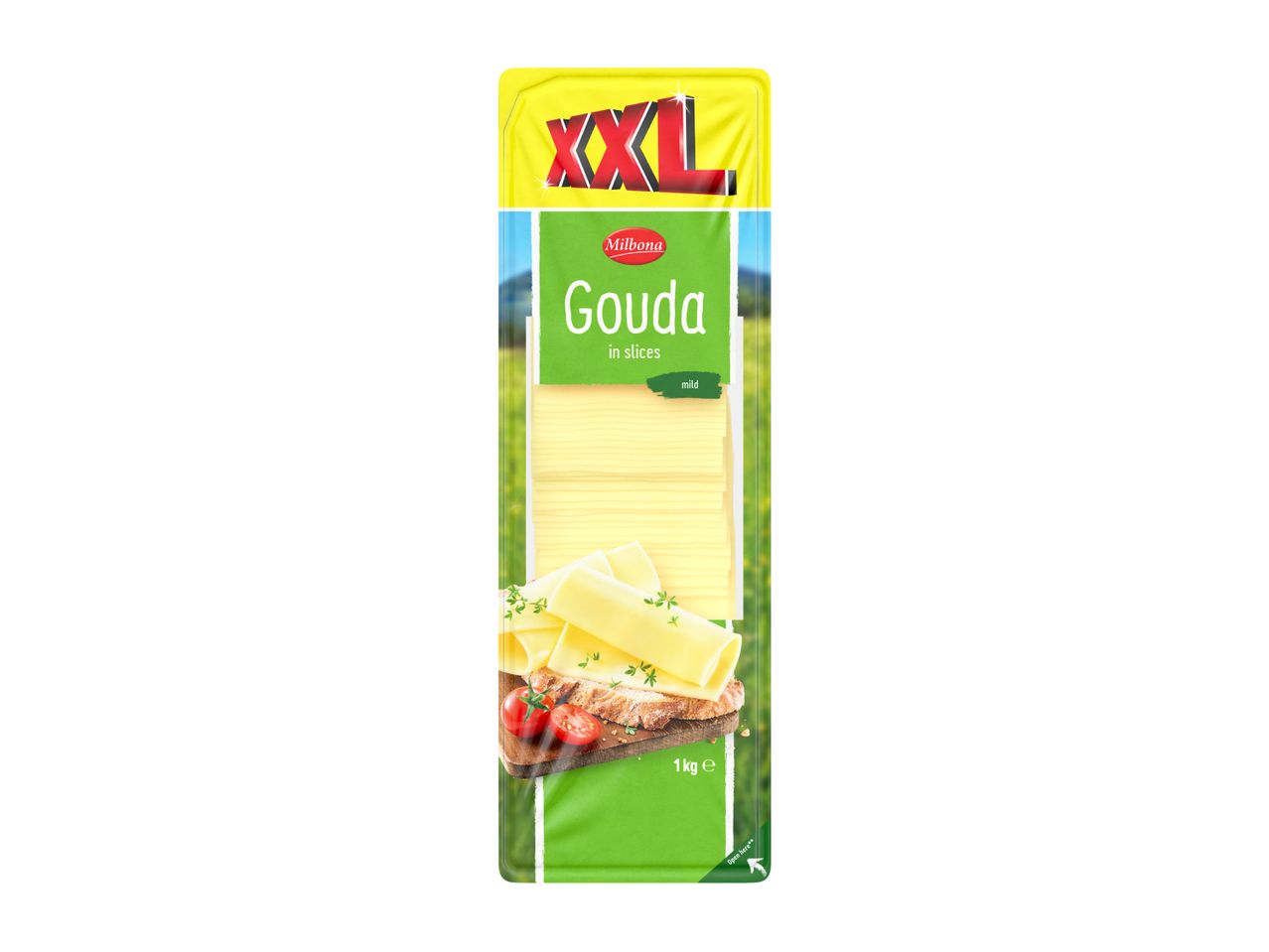 XXL Gouda cheese slices, mild, 1kg, with a serving suggestion on bread with tomatoes.