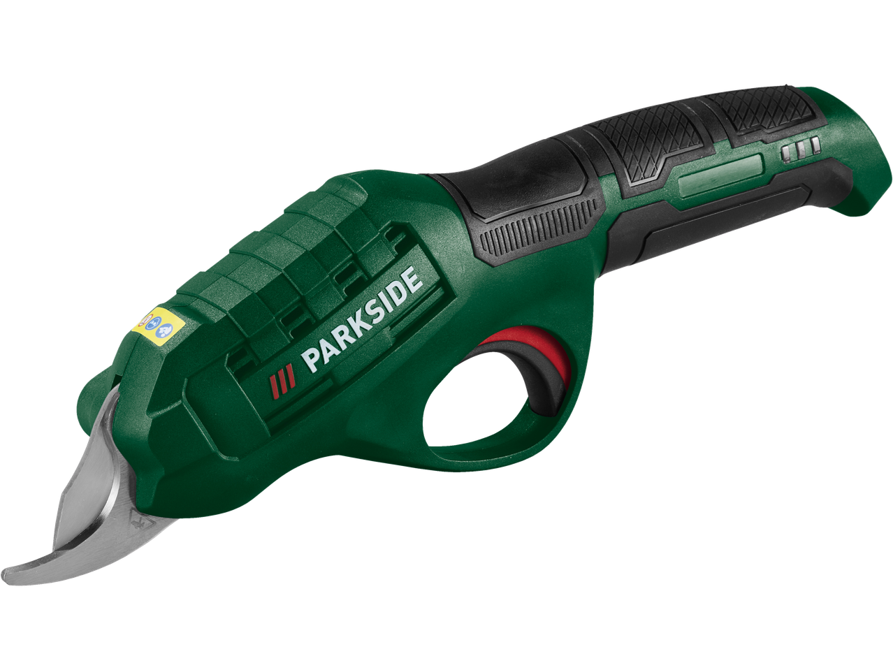 Zaļas elektriskās dārza šķēres ar melnu rokturi un sarkanu sprūda pogu.