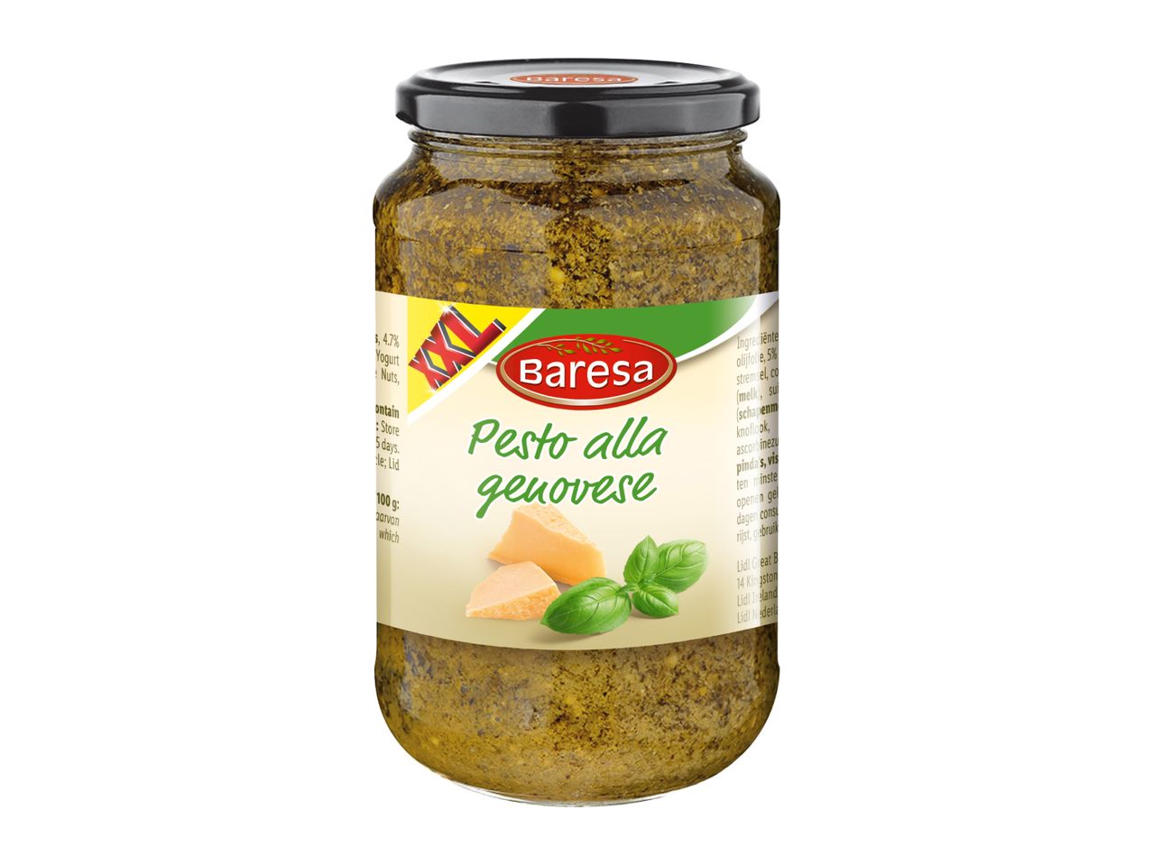 Jar of pesto alla genovese with cheese and basil leaves on the label.