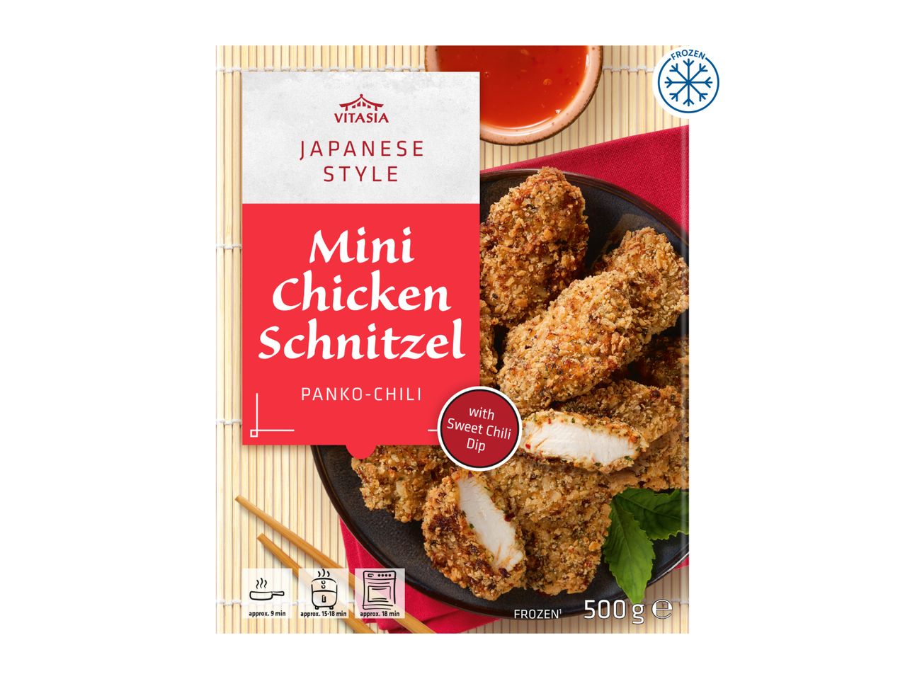 Japanese style mini chicken schnitzel with sweet chili dip, frozen, 500g.