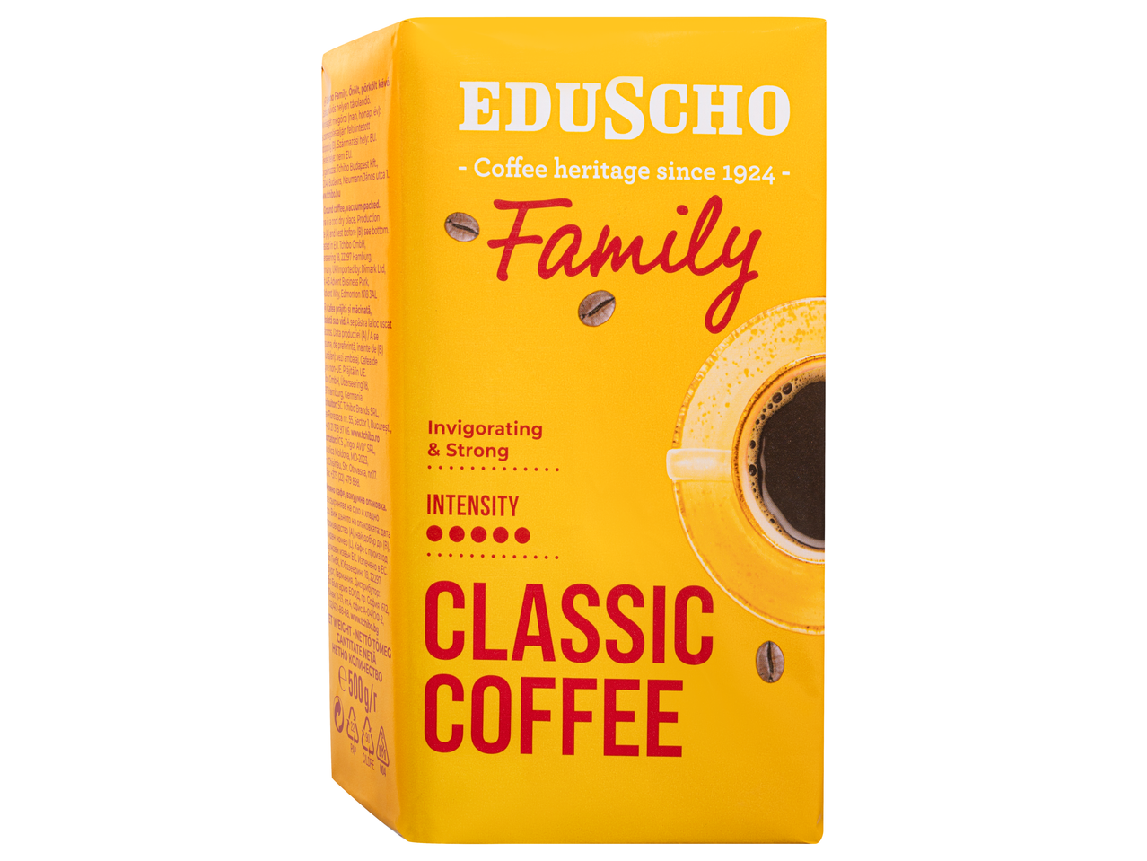 Tchibo Family Classic kávé, 500g, „Élénkítő és Erős” és „Intenzitás” feliratokkal.