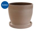 Terracotta plant pot with a saucer, suitable for outdoor use.